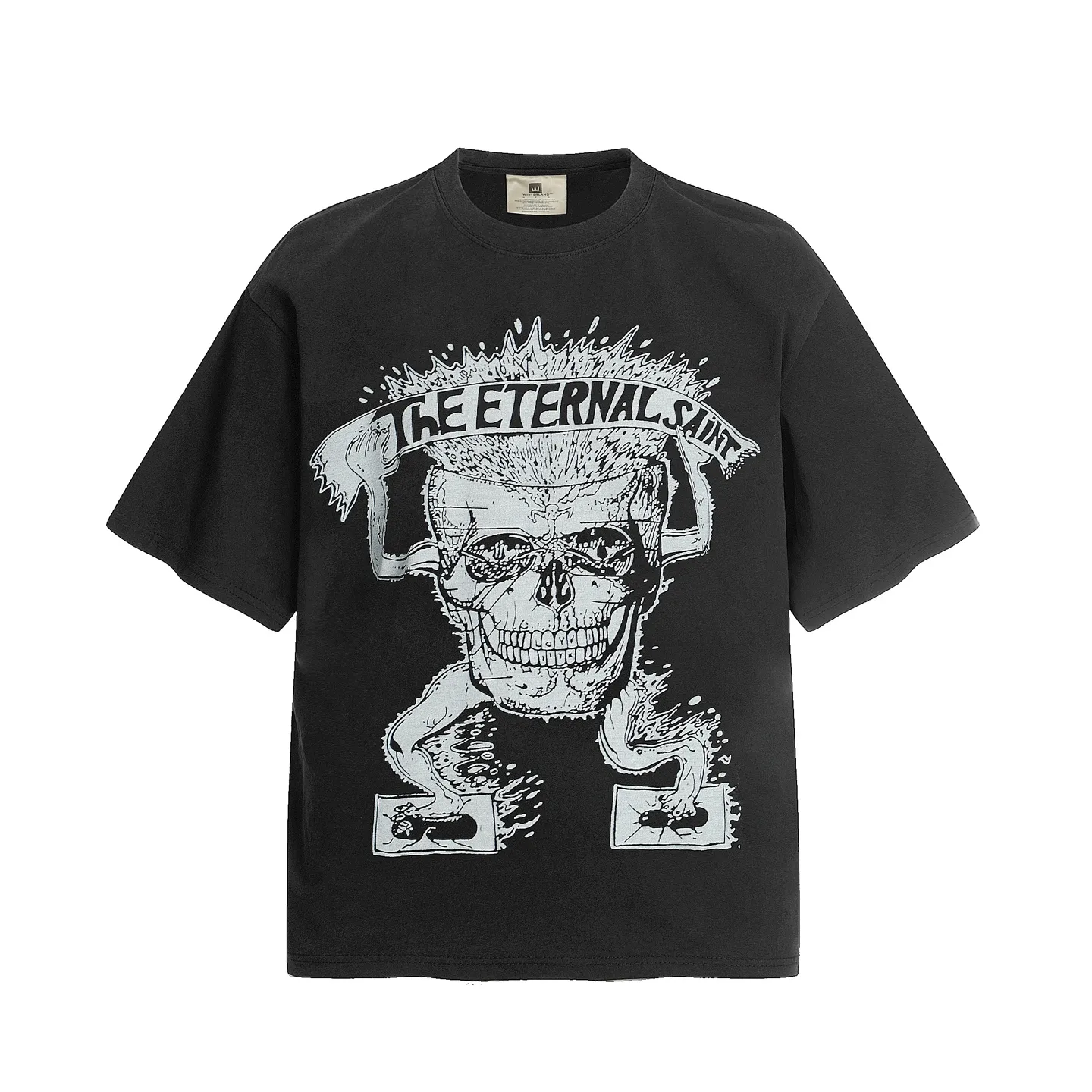 VT9243 P140💰 SAINT Michael Cartoon Skull "Eternal Saint" Punk Style Printed Retro Washed Distressed Short Sleeve T-shirt Small Neck Design White Ink Digital Direct Printing High Street Retro Heavy Duty Distressed Vintage Short Sleeve Size: S M L XL